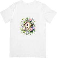 Thumbnail for Floral Birdhouse Spring T-Shirt | Watercolor Garden Bird Graphic Tee | Nature Garden Lover Gift