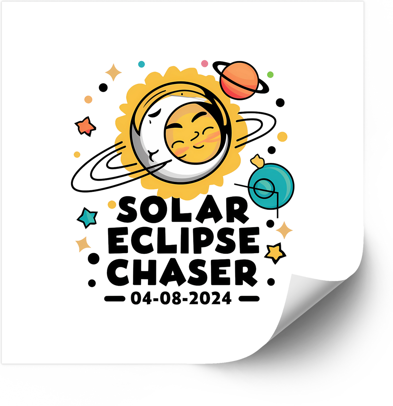 Solar Eclipse Chaser 04-08-2024 Sticker | Cute Cartoon Planets Emblem Vinyl Decal