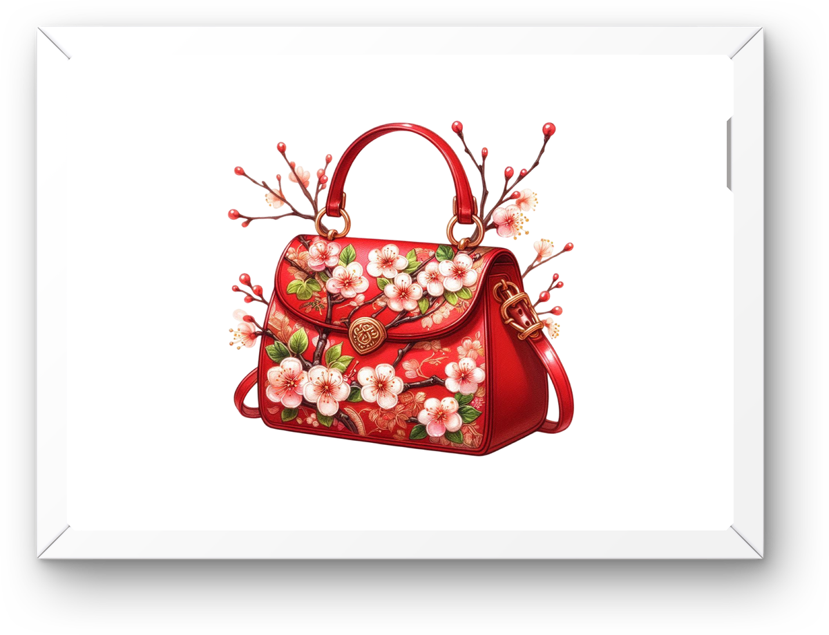 Cherry Blossom Red Handbag Wall Art | Elegant Floral Purse Print | Fashion Lover Gift