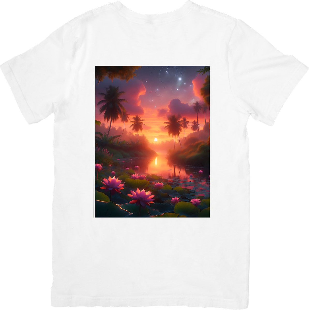 Tropical Sunset Lotus T-Shirt | Dreamy Palm Lagoon Graphic Tee | Nature Beach Lover Gift