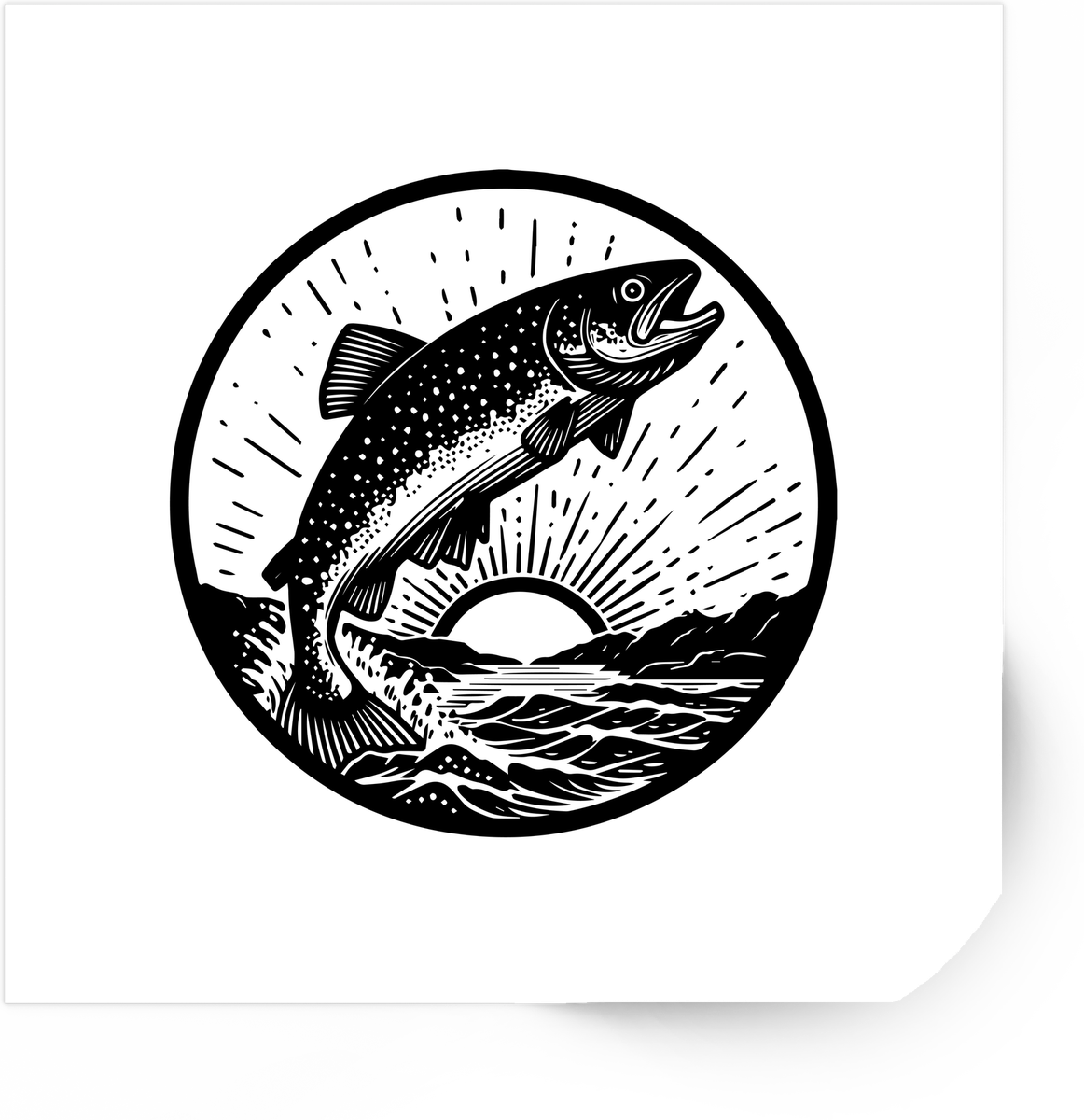 Leaping Fish Sunrise Sticker | Vintage Woodcut Fishing Vinyl Decal | Angler Outdoor Gift