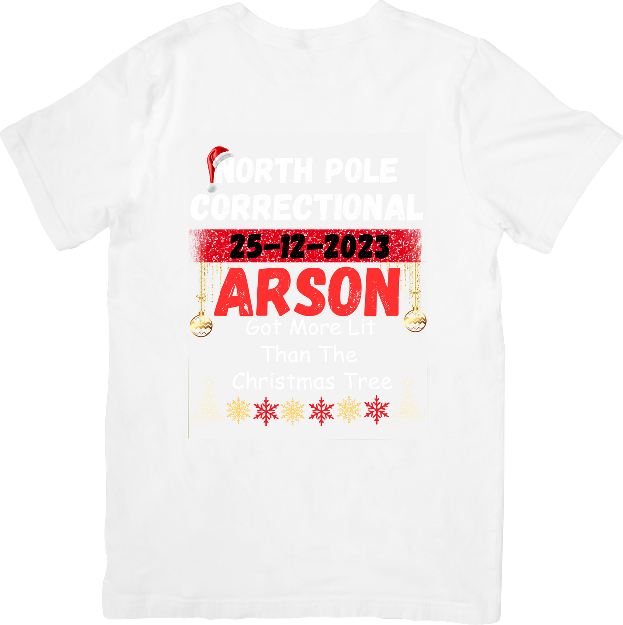 North Pole Arson Division T-Shirt | Santa Mugshot Holiday Humor Graphic Tee | Christmas Gift