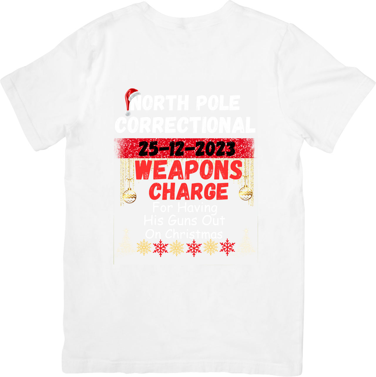 North Pole Weapons Charge T-Shirt | Holiday Santa Correctional Humor Graphic Tee | Christmas Gift
