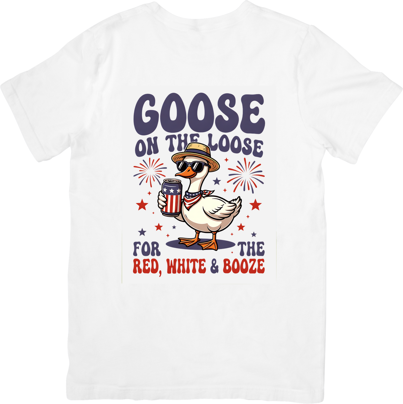 Goose On The Loose Red White Booze T-Shirt | Funny Patriotic Goose Beer Graphic Tee