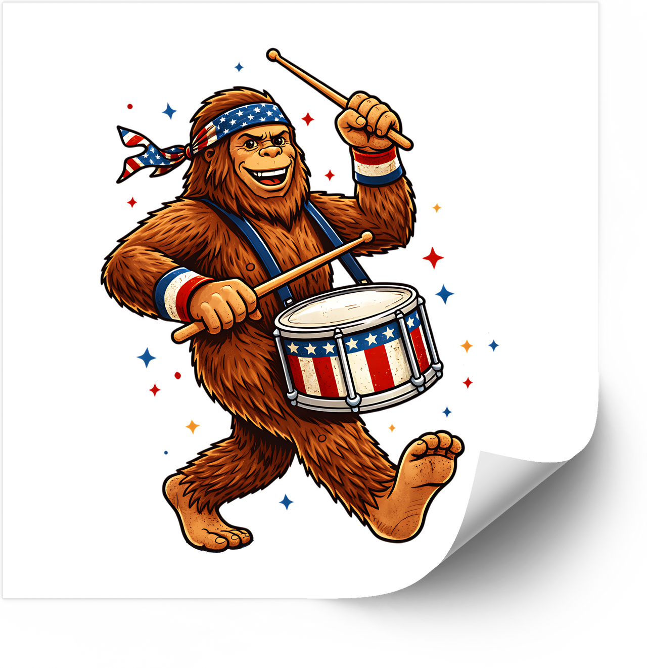 Sasquatch Drummer Sticker | Patriotic Fourth of July Bigfoot Vinyl Decal | Americana Humor