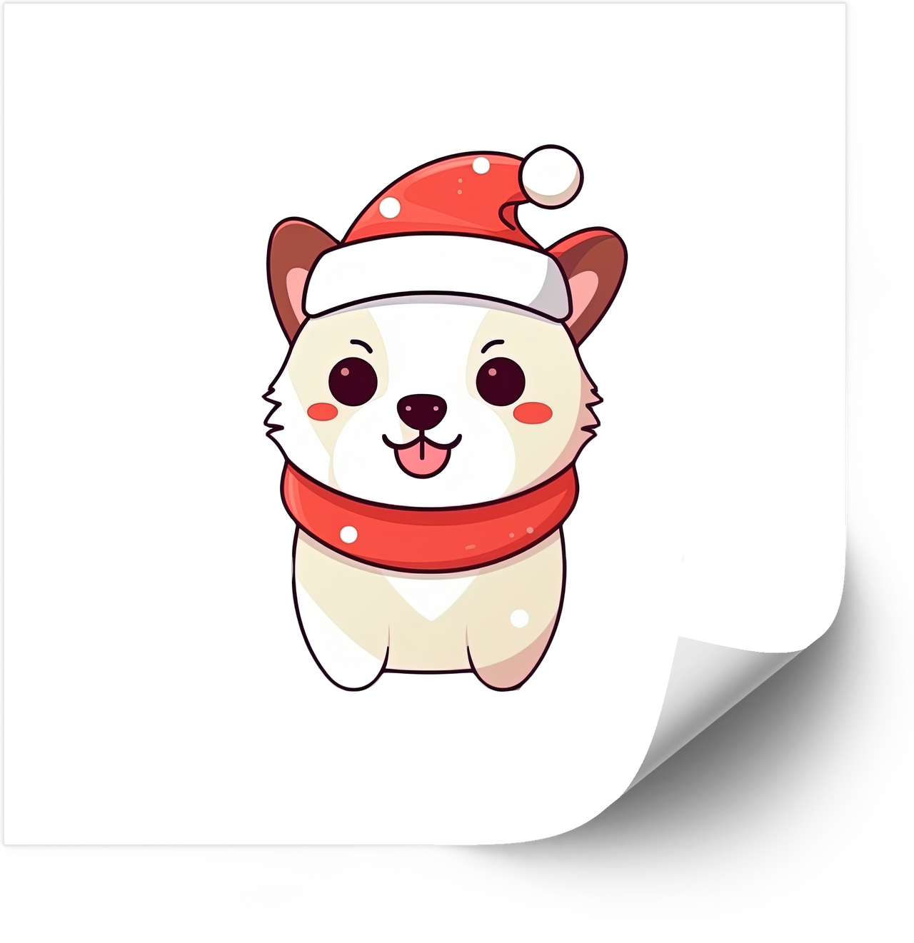 Kawaii White Puppy Santa Hat Scarf Sticker | Cute Christmas Dog Vinyl Decal